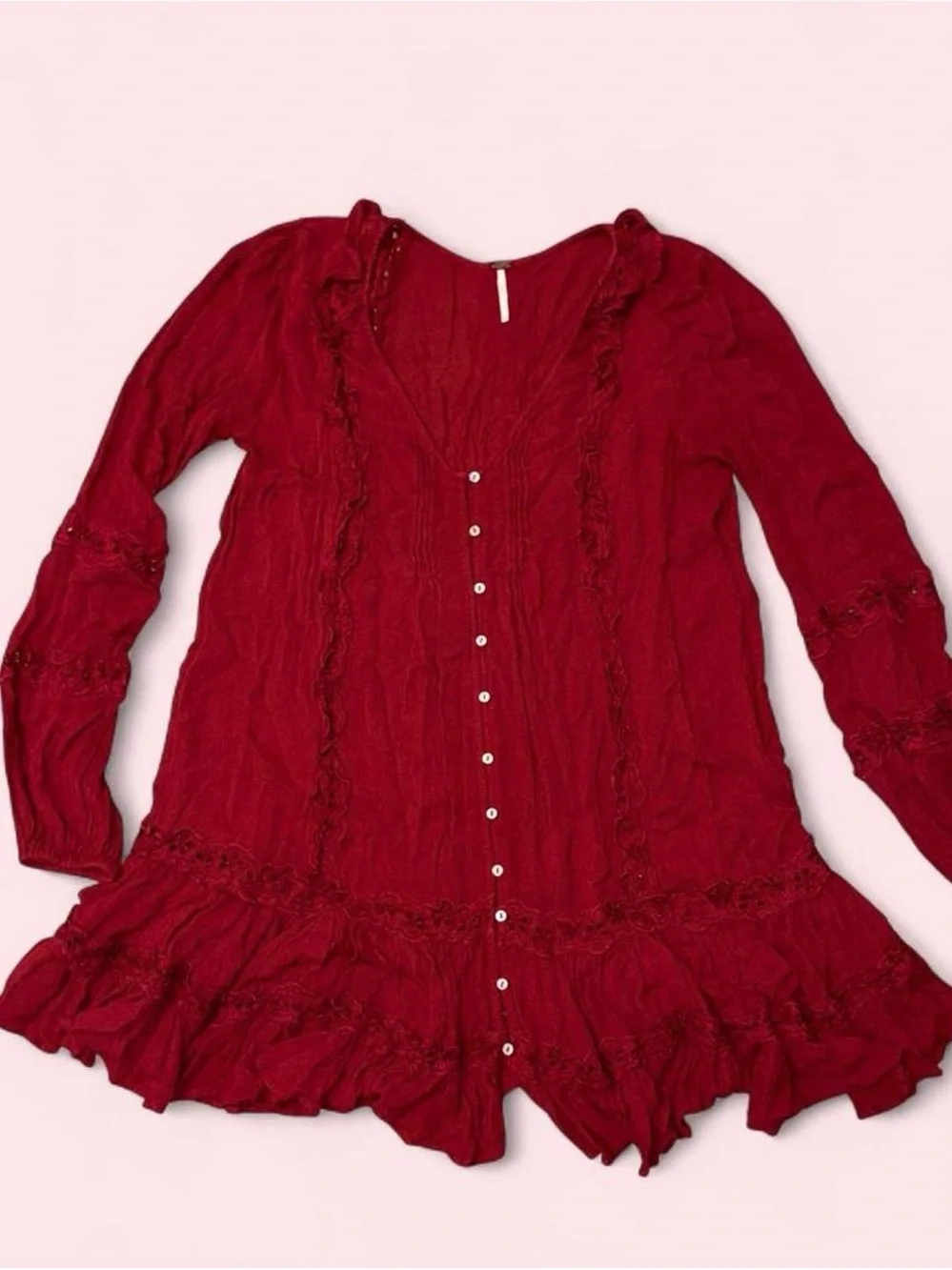 Free People Burgundy Button-Front Ruffle Tiered Midi Dress